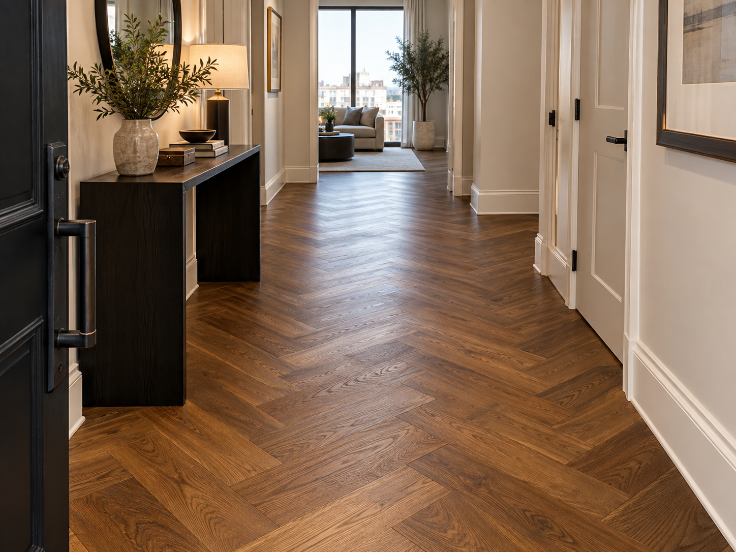 Herringbone flooring leading through a hallway
