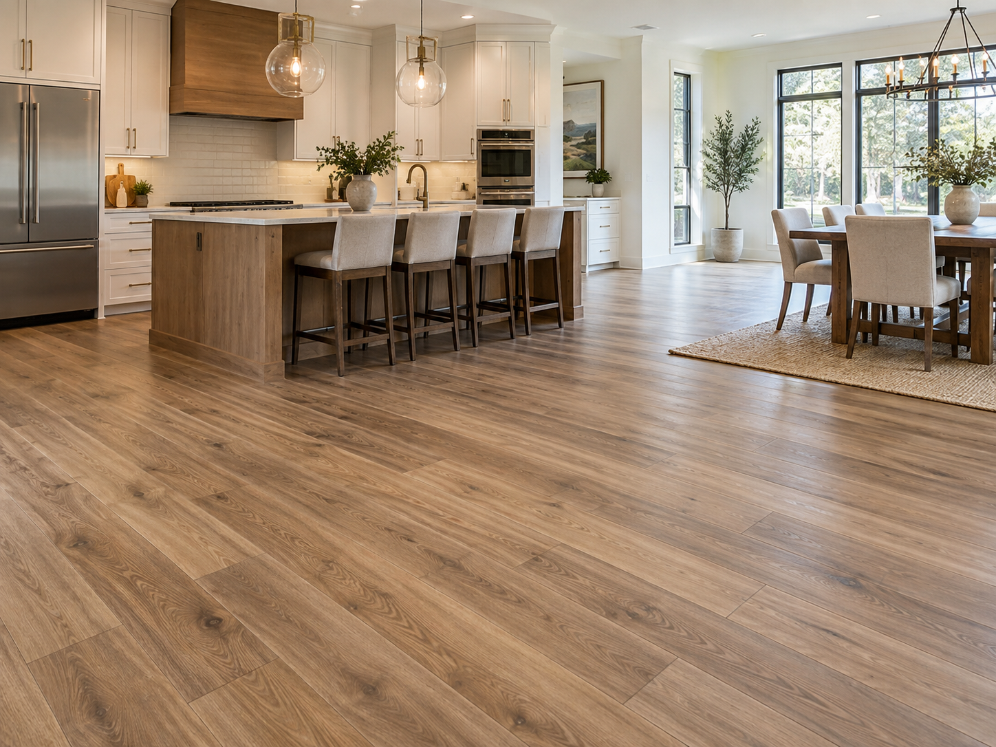 Light oak flooring through a kitchen and dining room
