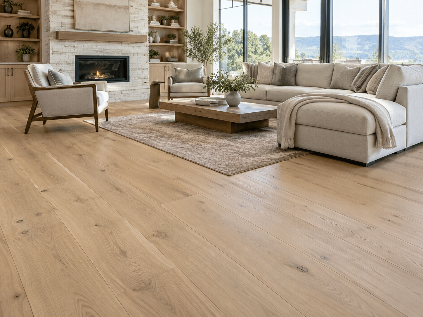 Light oak flooring in a finished living room