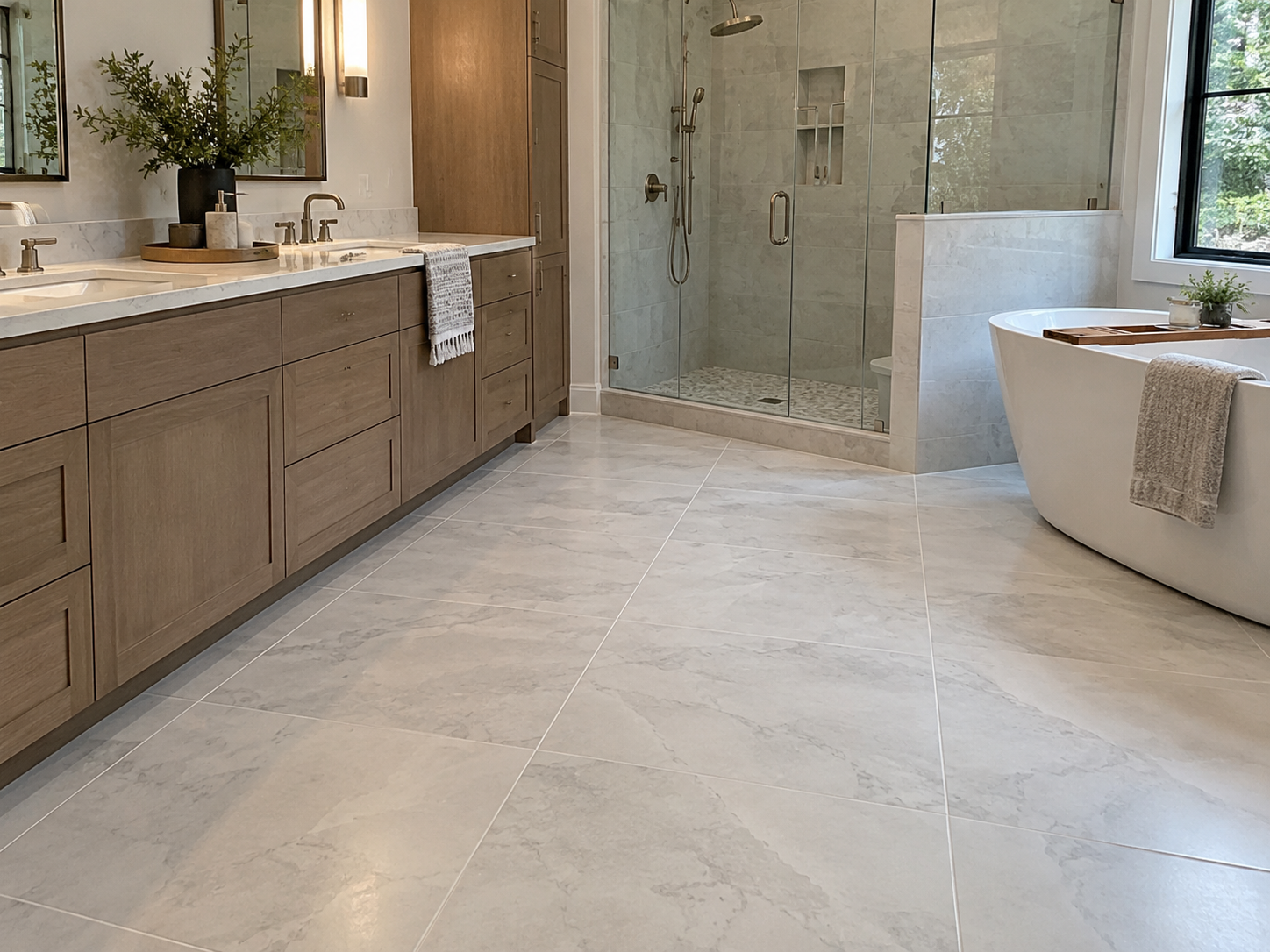 Large tile flooring in a finished bathroom